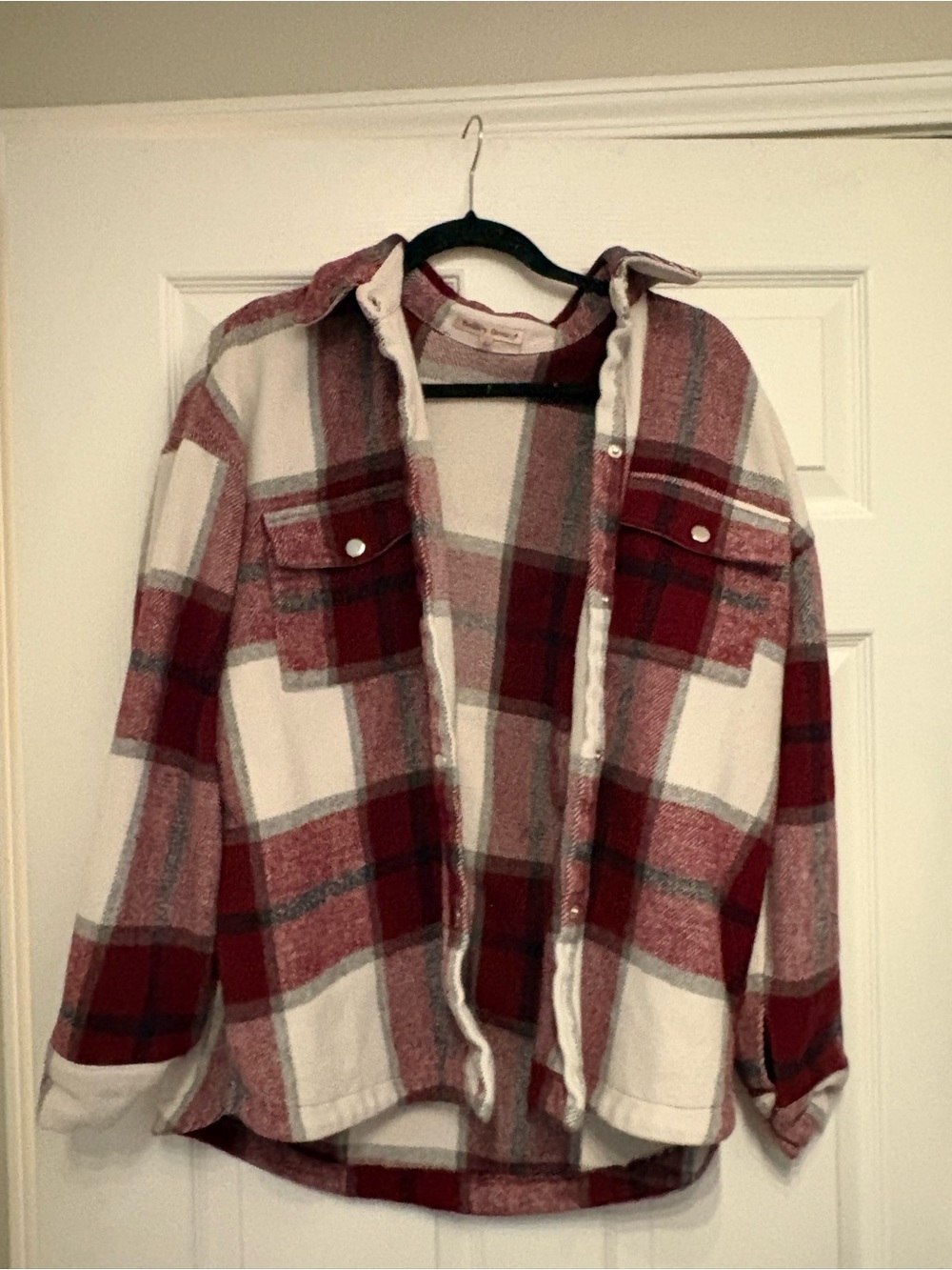 Plaid Button-Front Shacket in Red and Cream